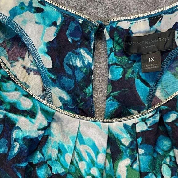 NWT WORTHINGTON Tank Top Women's 1X Blue Green Floral Sleeveless Pleated Keyhole - Picture 3 of 14